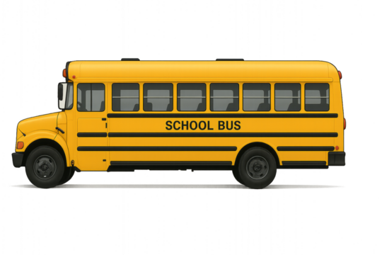 Realistic school bus illustration isolated on transparent background, classic yellow vehicle symbol for back to school season and academic design use
