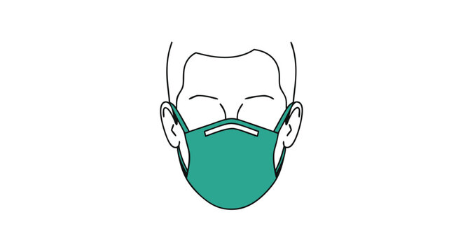 Stylized line drawing showcasing a person wearing a protective face mask representing health and safety measures during health crisis