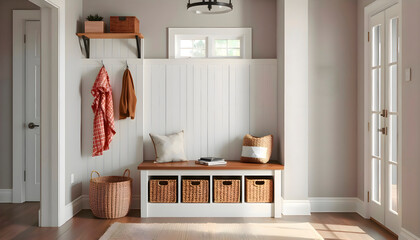 Spacious hallway with a wooden bench and baskets arranged along the walls, creating an organized and welcoming entrance area with natural textures and warm lighting