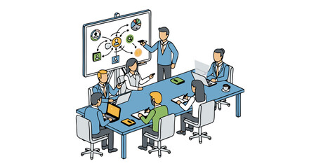 Fototapeta premium Dynamic Business Meeting Illustration Displaying Strategic Planning and Collaborative Networking at the Table Conference