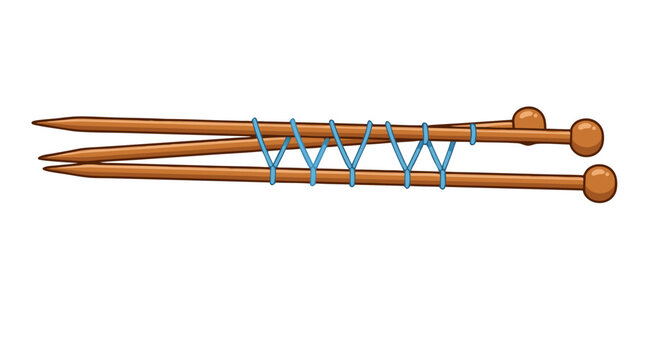 Wooden knitting needles secured with blue yarn showcasing a classic craft element, ideal for textile or hobby themed illustrations, a vintage