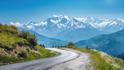 Fototapeta premium Winding mountain road, scenic alpine view, summer day, travel background