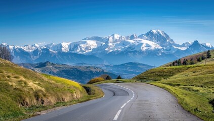 Scenic mountain road trip, alpine panorama, autumnal hills, clear sky, travel poster