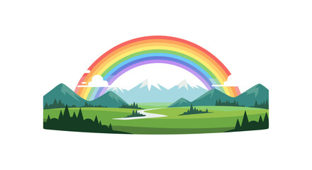 Serene mountainscape with vibrant rainbow, lush meadows and evergreen trees, a captivating natural scene evoking peace