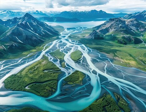 Aerial view of braided river flowing through Icelandic highlands; travel, nature, geography