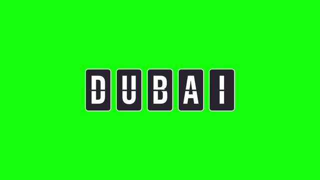 Dubai destination name animation on a spinning flipboard. Airport-style departure board revealing the city name. Video with transparent background, alpha channel for easy integration and keying.