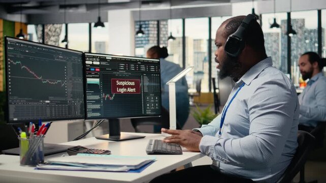 Stressed trader at work investigating suspicious access on trading account after system triggers warning. Broker worried about security popup on PC about attempted breach of client account, camera A