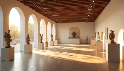 Sunlit gallery features modern sculptures on display. Arched windows let in natural light, creating dramatic shadows across polished wooden floors. Minimalist interior design with contemporary