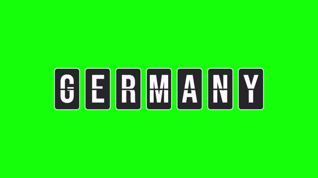 Animation of a mechanical flipboard with spinning letters forming the destination name Germany. Airport travel display concept on a transparent background with alpha for easy keying.