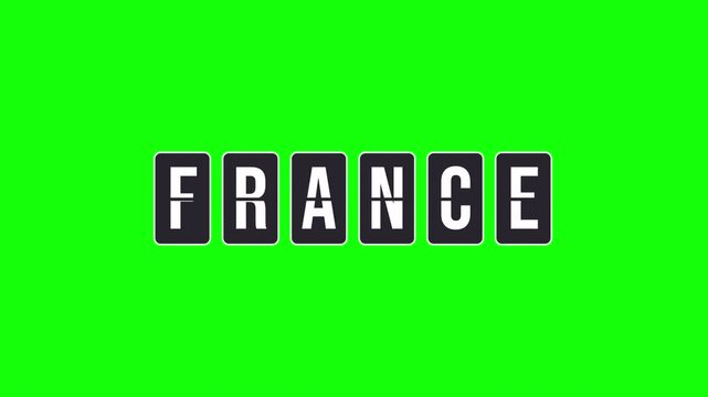 France destination name reveal. Airport flipboard sign animation with spinning letters forming the country. Video with transparent background, alpha channel for travel and tourism concepts.