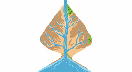 Illustration depicting a river delta formation with branching waterways and green foliage, forming an abstract topographical shape on a white