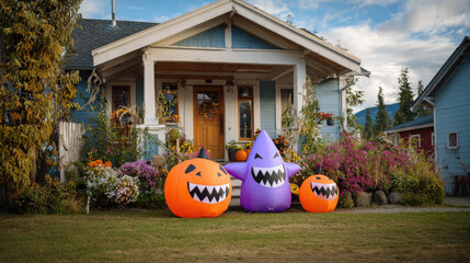 halloween decorated front yard, large inflatable pumpkin figures, jack-o-lantern, holiday seasonal decor, fall, street, beautiful house
