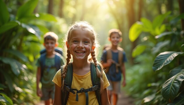 Cheerful group of diverse children embarks on educational jungle trek. Equipped with backpacks, helmets, explore rich tropical forest, learning about nature, wildlife. Joyful expedition promotes