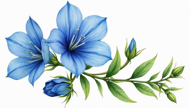 Watercolor painting features delicate blue gentian flowers with green leaves, buds. Floral illustration captures beauty of wildflowers with soft brush strokes, vibrant blue hues. Perfect for