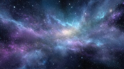 Naklejka premium A vibrant nebula swirls with cosmic dust and gas, showcasing a breathtaking display of purple, blue, and white hues against a backdrop of countless stars