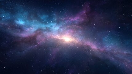 Bright center amidst cosmic clouds of purple and blue hues in a star-filled night