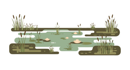 Stylized wetland ecosystem illustration featuring water lilies and reeds, depicting a tranquil and simplified natural environment that evoke a sense