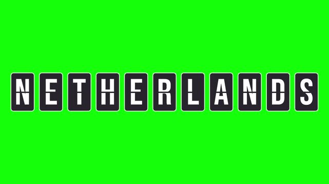 Netherlands destination name text reveal on a flipboard animation. Airport or train station style sign turning to show the travel location. Video with alpha channel for transparent background.