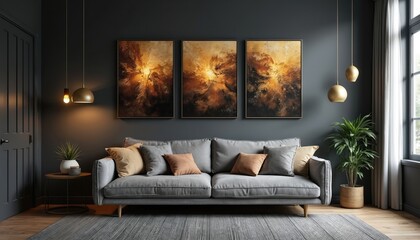 Fototapeta premium Modern living room features grey sofa against dark wall adorned with triptych of abstract art. Gold pendant lights, potted plant add warmth, style. Minimalist decor creates elegant, sophisticated
