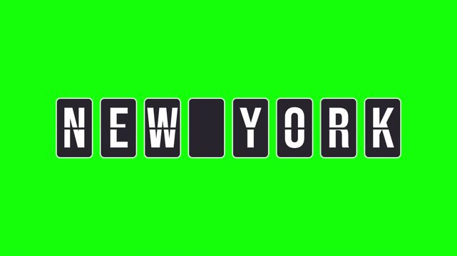 Animation of a mechanical flipboard spinning to form the city name New York. Airport or train station destination board concept. Video with transparent background, alpha channel included for keying.