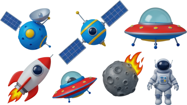 A collection of space objects including rockets satellites UFOs an astronaut and a burning meteor galaxy transparent background