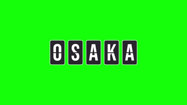 Osaka destination name animation. Airport-style flipboard or split-flap display rotates to form the word. Video on a transparent background with alpha channel for easy integration. Travel concept.