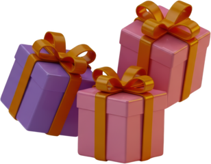 Three colorful gift boxes with golden ribbons one purple two pink present celebrate surprise birthday transparent background