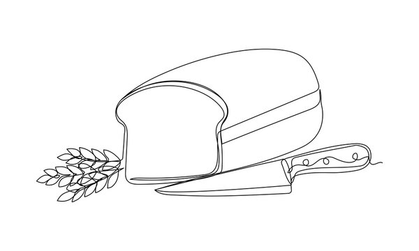 Continuous one line illustration of bread with a knife placed beside it. Simple continuous line art for bakery logos, food blogs, recipe books, or packaging design.