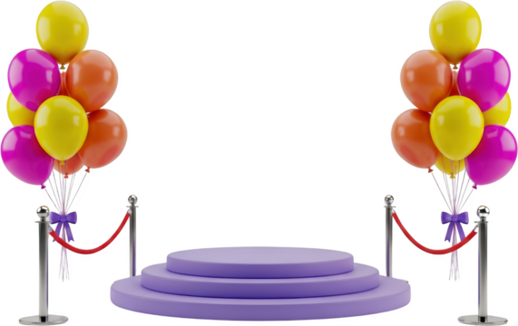 A purple podium with red velvet ropes and colorful balloons a festive setup for celebration stage award transparent background