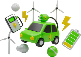 Green electric car charging beside wind turbines and energy symbols isolated charging station battery transparent background