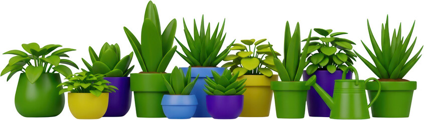 Obraz premium Row of assorted green potted houseplants with vibrant colored pots and watering can potted plants greenery transparent background