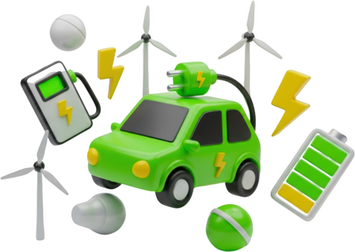 Green electric car charging beside wind turbines and energy symbols isolated charging station battery transparent background