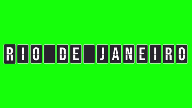 Animation of a spinning flipboard revealing the destination name Rio de Janeiro. Vintage airport or train station departure board concept. Video with transparent background, alpha channel for easy use