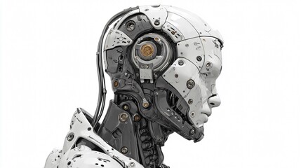 Futuristic Exoskeleton Cyborg Male Face Isolated on White Background