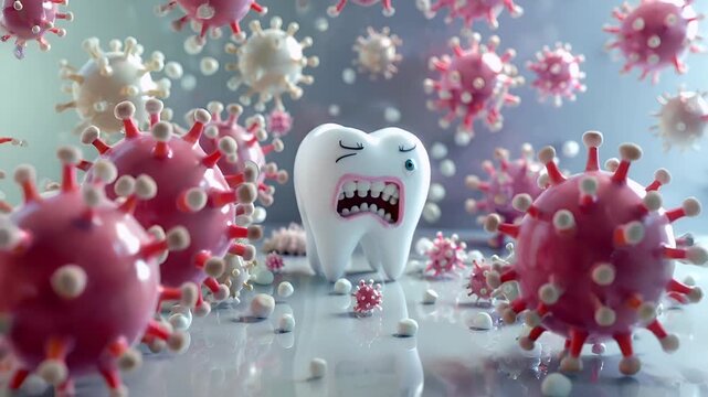 Tooth dental health hygiene concept. 3D rendered, cartoonish tooth character with exaggerated teeth and blue eyes, set against a backdrop of a blue sky with white clouds.