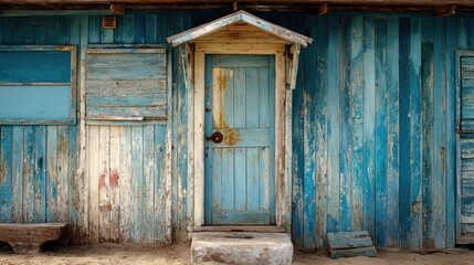 Rustic weathered blue wooden house facade with a centered entrance and closed windows
