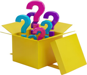 Yellow open box overflowing with colorful 3D question marks isolate curiosity mystery inquiry surprise