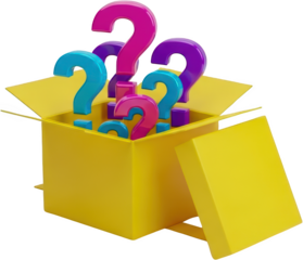 Yellow open box overflowing with colorful 3D question marks isolate curiosity mystery inquiry surprise