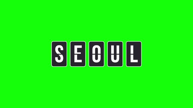 Seoul destination name appears on a spinning flipboard animation. Airport-style travel sign reveals the city name. Video with transparent background, alpha channel included for easy keying.