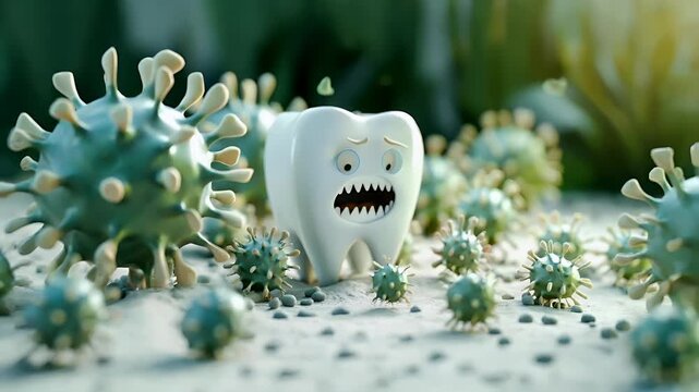 Tooth dental health hygiene concept. 3D animated tooth character with exaggerated teeth and blue eyes, surrounded by microscopic organisms in a natural setting with a blurred green background.