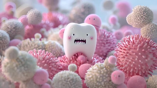 Tooth dental health hygiene concept. A closeup of a white, cartoonish tooth character surrounded by pink and white coral formations. The tooth appears to be in a state of surprise or distress.