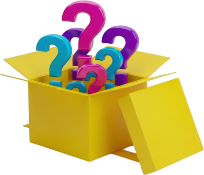 Yellow open box overflowing with colorful 3D question marks isolate curiosity mystery inquiry surprise