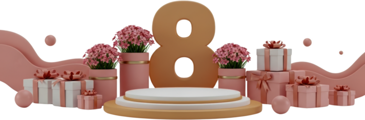 Large number 8 with gifts and pink flowers on tiered display celebration award presentation podium holiday transparent background