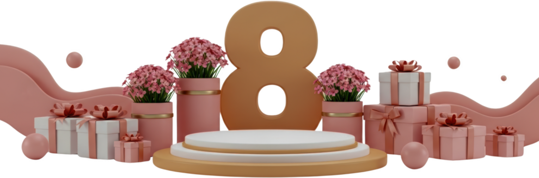 Large number 8 with gifts and pink flowers on tiered display celebration award presentation podium holiday transparent background