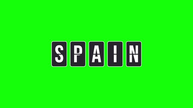 Flipboard animation of spinning tiles forming the destination name Spain. This video features a transparent background with an alpha channel, perfect for travel or airport-themed projects.