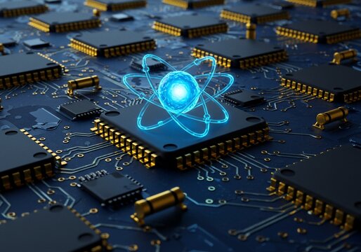 Glowing Atom Model on Microchip Circuit Board