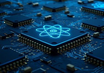 Glowing Atom Symbol on Microchip Circuit Board