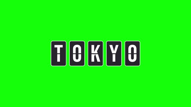 Animated flipboard with spinning characters revealing the destination name Tokyo. This video features a transparent background with an alpha channel for easy integration into travel or airport scenes.