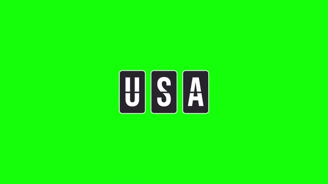 USA destination name forming on a spinning flipboard animation. Airport-style split-flap display revealing the letters. Isolated on a transparent background with alpha channel for easy keying.