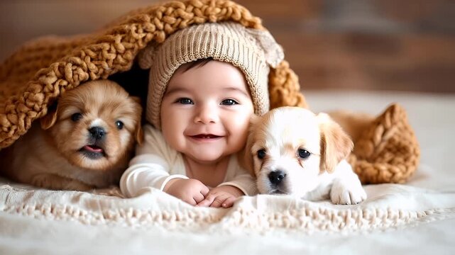 A closeup portrait of a baby and two puppies under a textured blanket. The baby is wearing a beige knitted hat, and the puppies are light brown with white markings. The background is blurred.